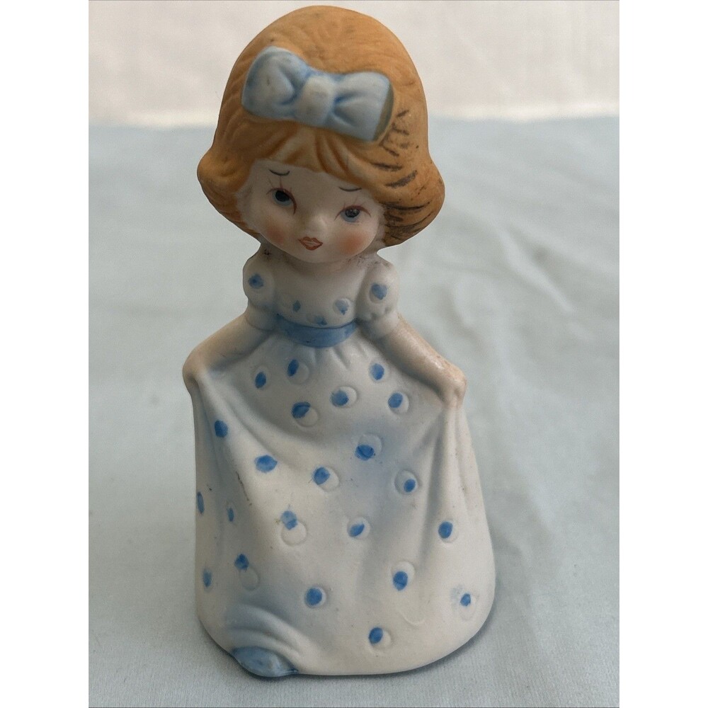 Jasco Bell 1979 Adorabelle Porcelain  Girl Blue Polka Dot Dress Figurine Vintage